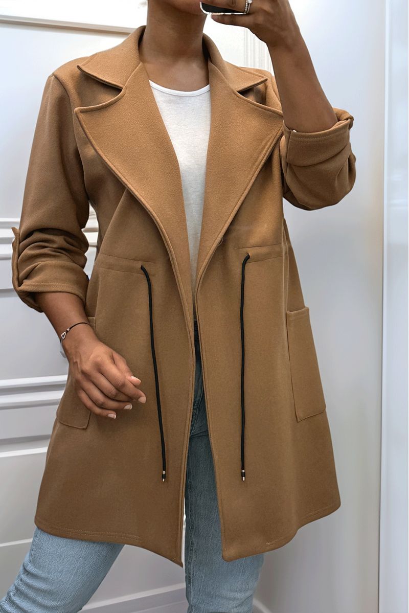 MaMMeau 3/4 camel met kanten riem in de taille met zakjes - 4