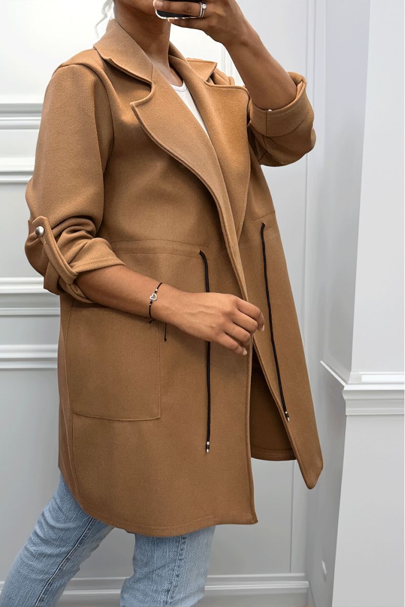 Manteau 3/4 camel avec ceinture lacet à la taille avec poches - 5