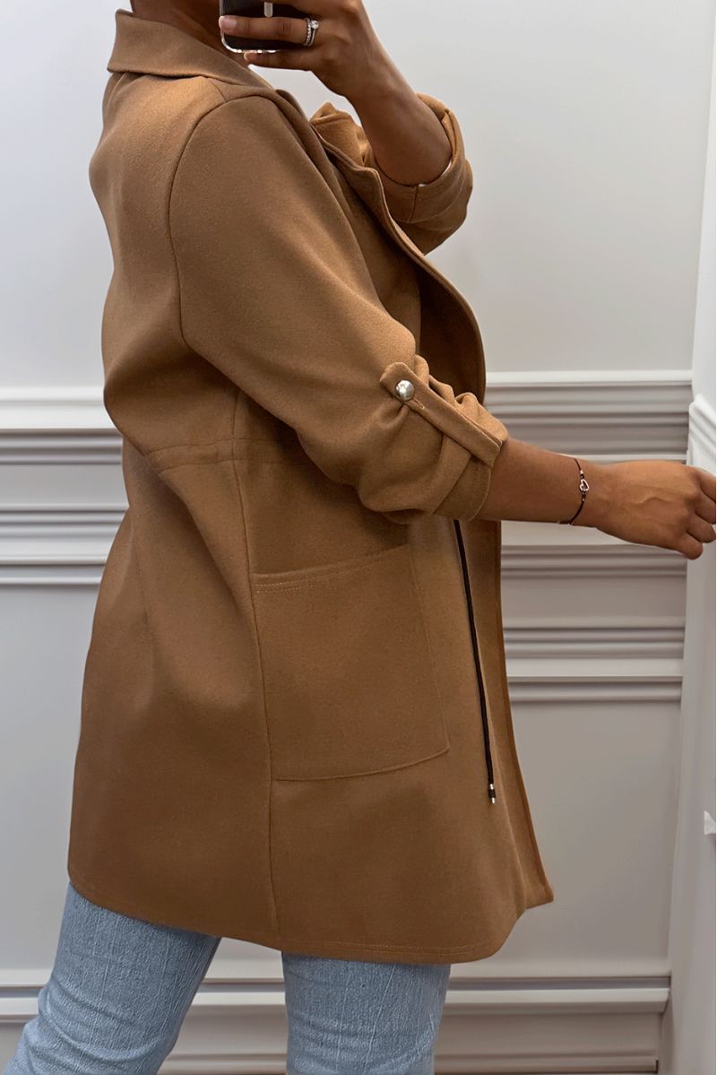 Manteau 3/4 camel avec ceinture lacet à la taille avec poches - 6