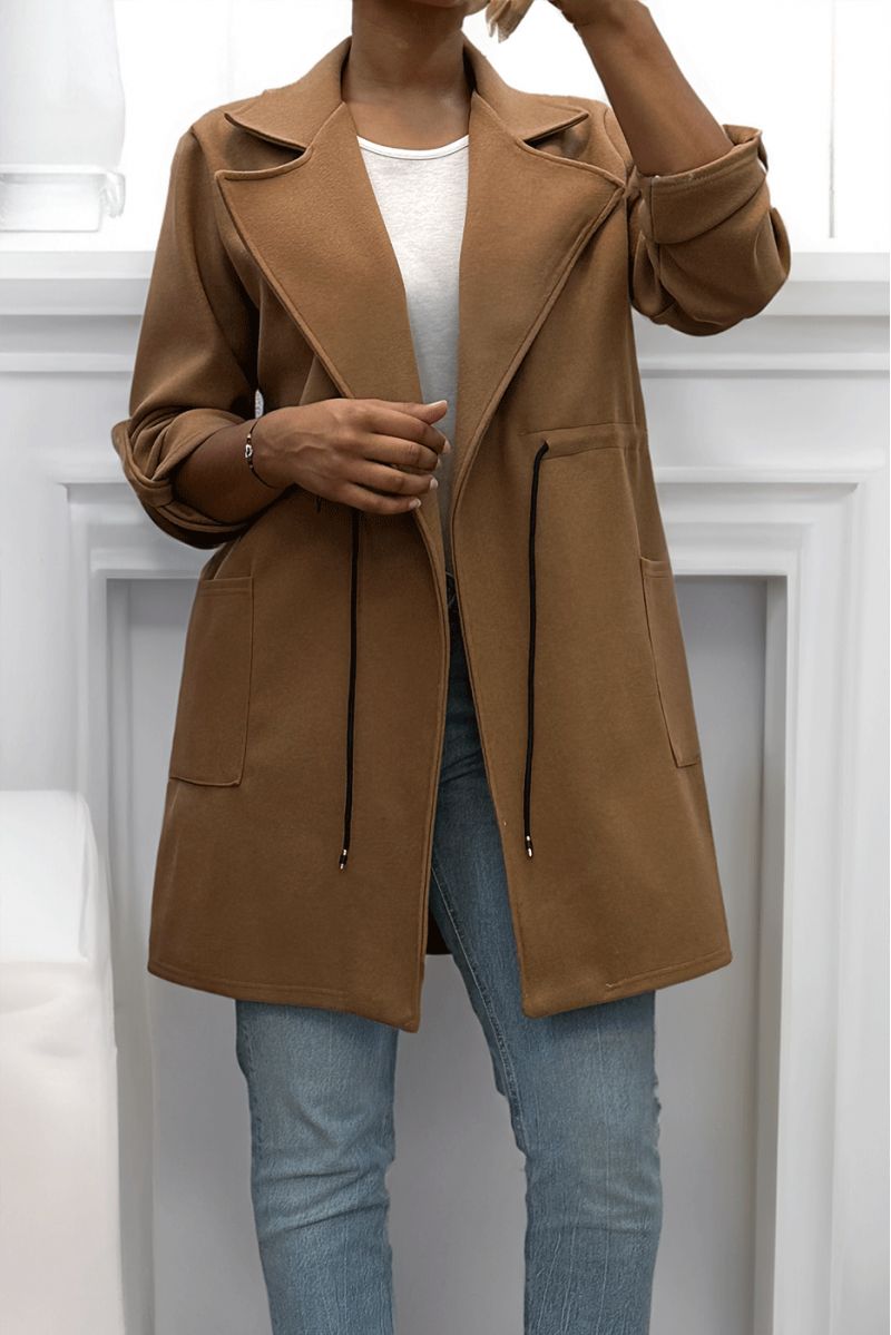 MaMMeau 3/4 camel met kanten riem in de taille met zakjes - 7