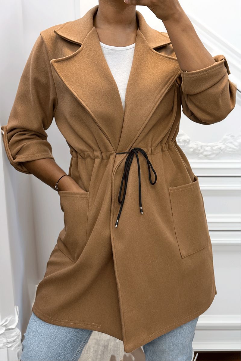 Manteau 3/4 camel avec ceinture lacet à la taille avec poches - 8