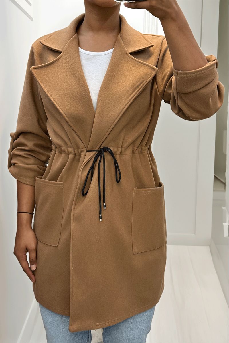 Manteau 3/4 camel avec ceinture lacet à la taille avec poches - 9