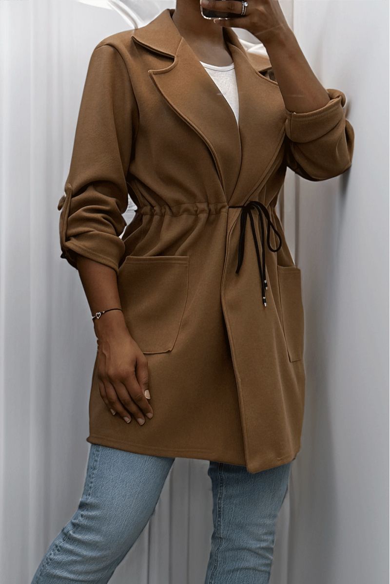 Manteau 3/4 camel avec ceinture lacet à la taille avec poches - 10