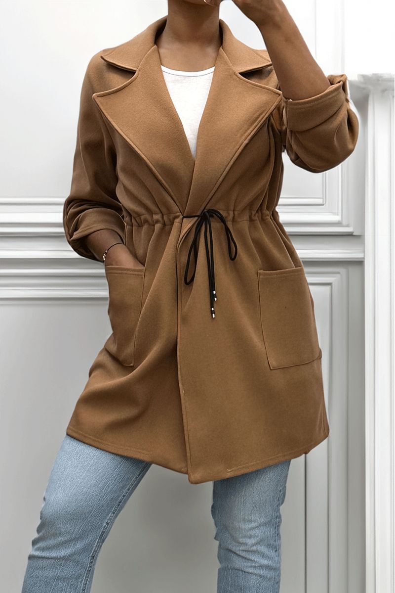 MaMMeau 3/4 camel met kanten riem in de taille met zakjes - 11