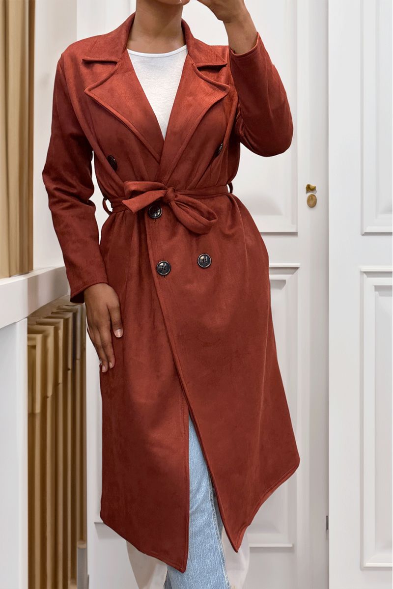 Very chic cognac suede trench coat for women - 6