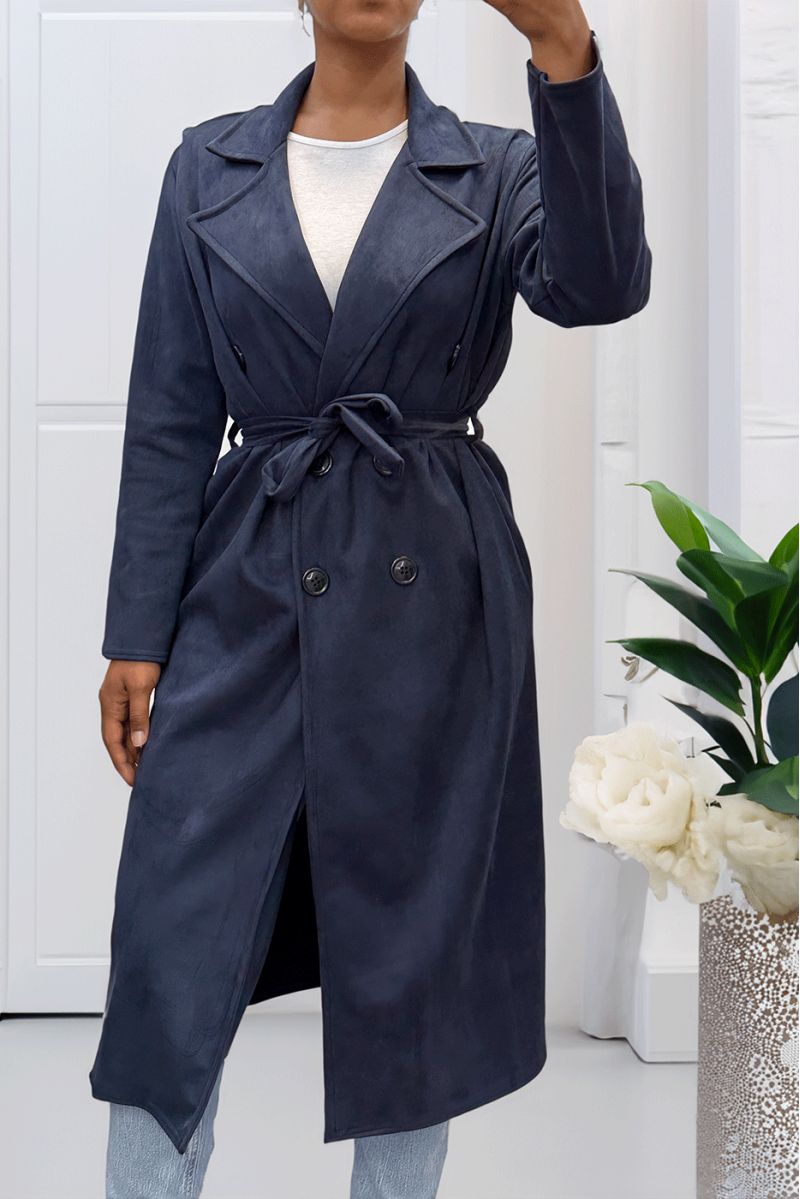 Very chic navy suede trench coat for women - 4