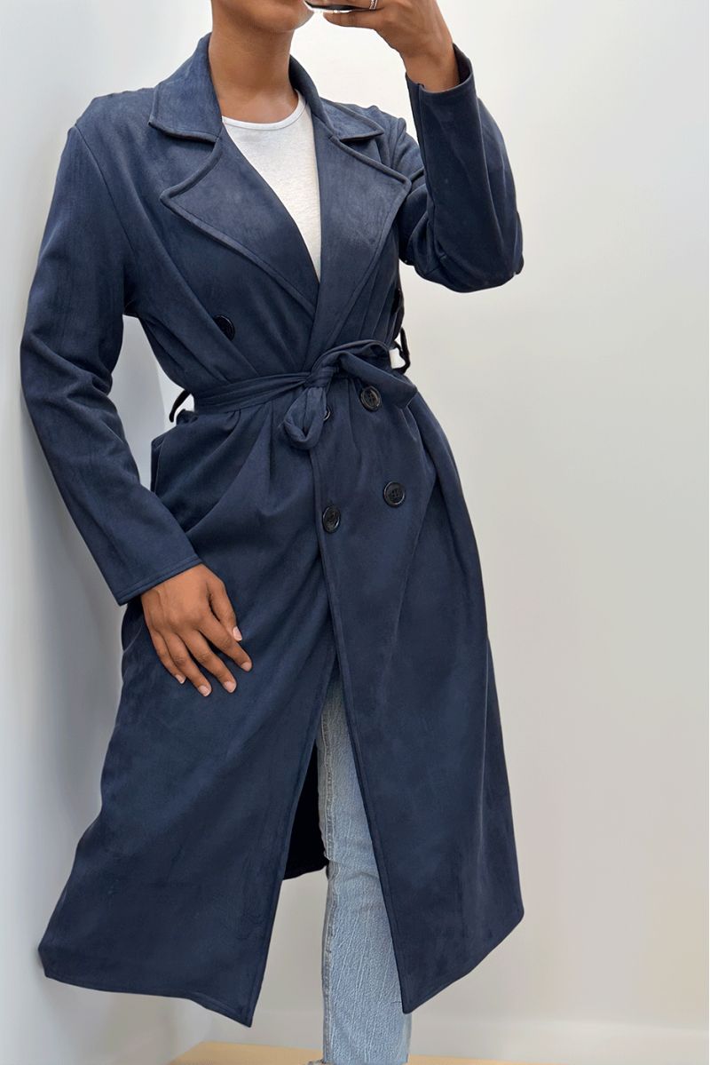 Very chic navy suede trench coat for women - 5