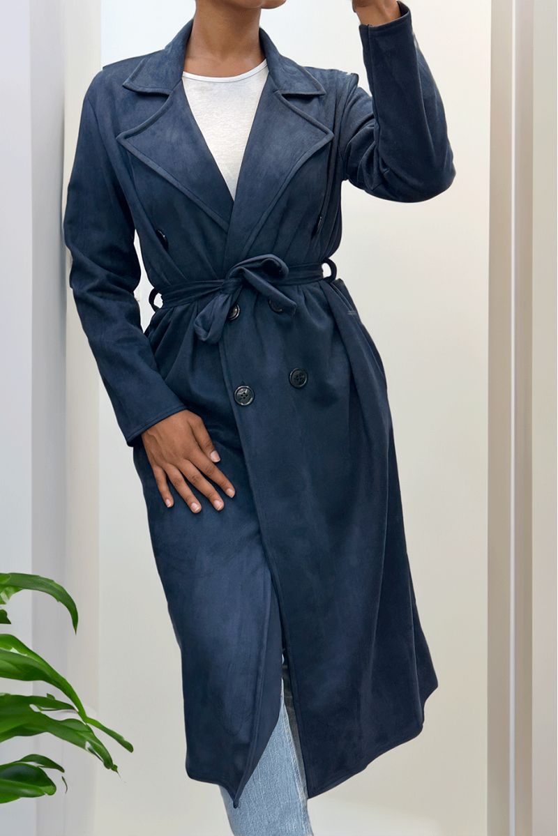 Very chic navy suede trench coat for women - 7