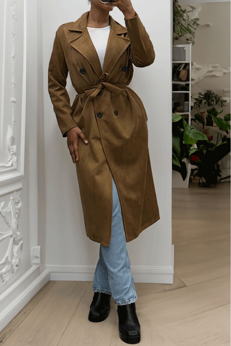 Very chic brown suede trench coat for women - 7