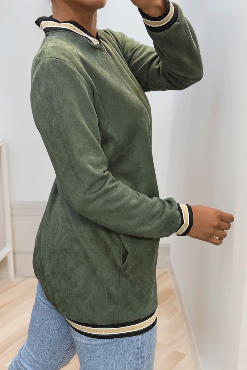 Khaki suede jacket with borcotte at the collar, sleeves and bottom - 4