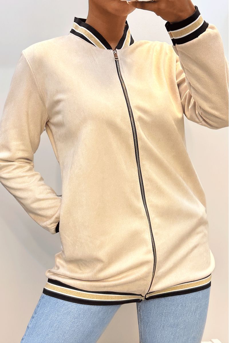 Beige suede jacket with borcotte at the collar, sleeves and bottom - 3