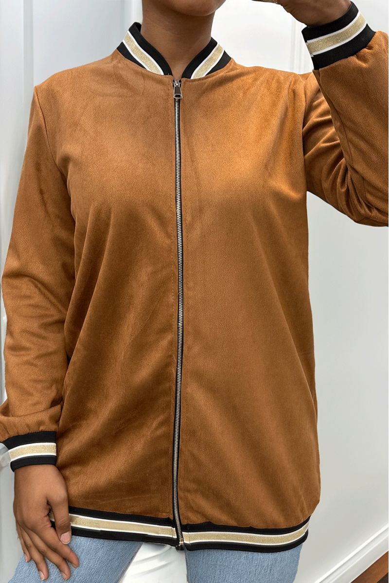 Cognac suede jacket with borcotte at the collar, sleeves and bottom - 1
