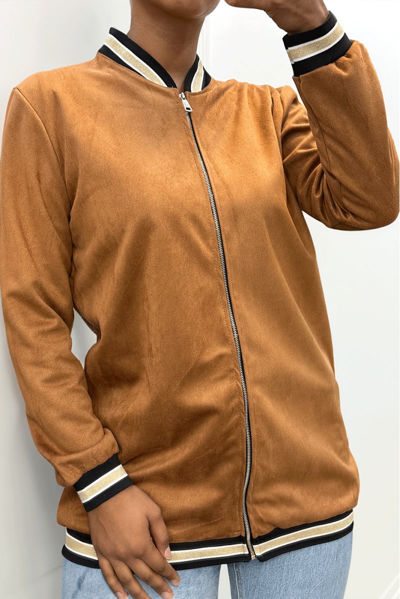 Cognac suede jacket with borcotte at the collar, sleeves and bottom - 2