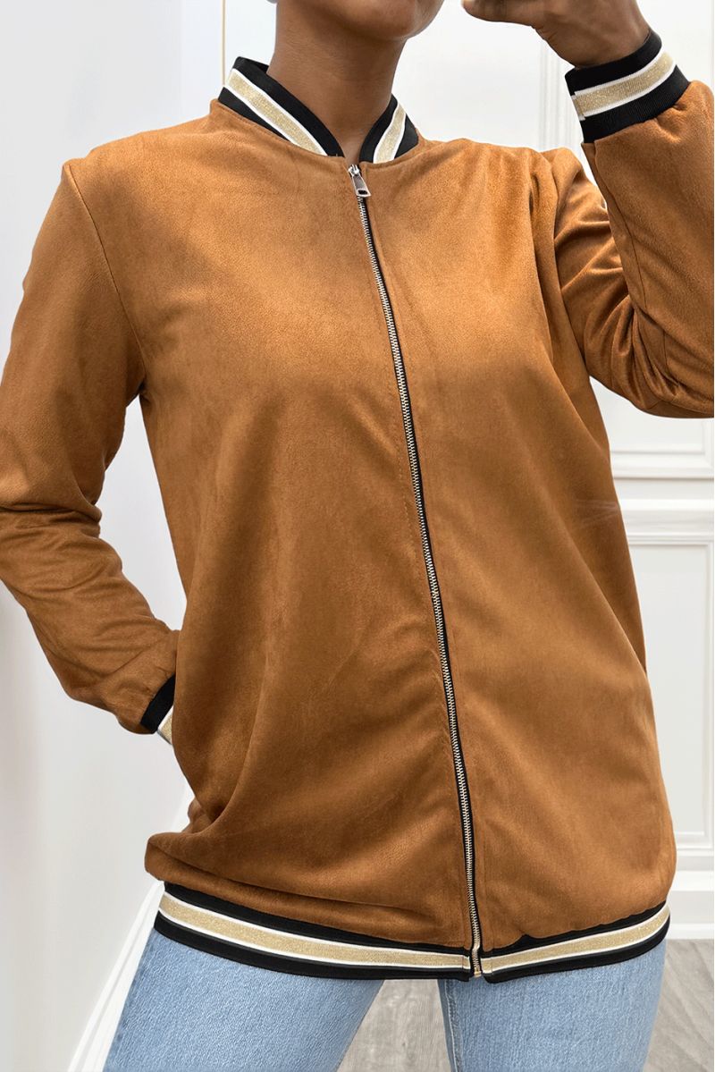 Cognac suede jacket with borcotte at the collar, sleeves and bottom - 3