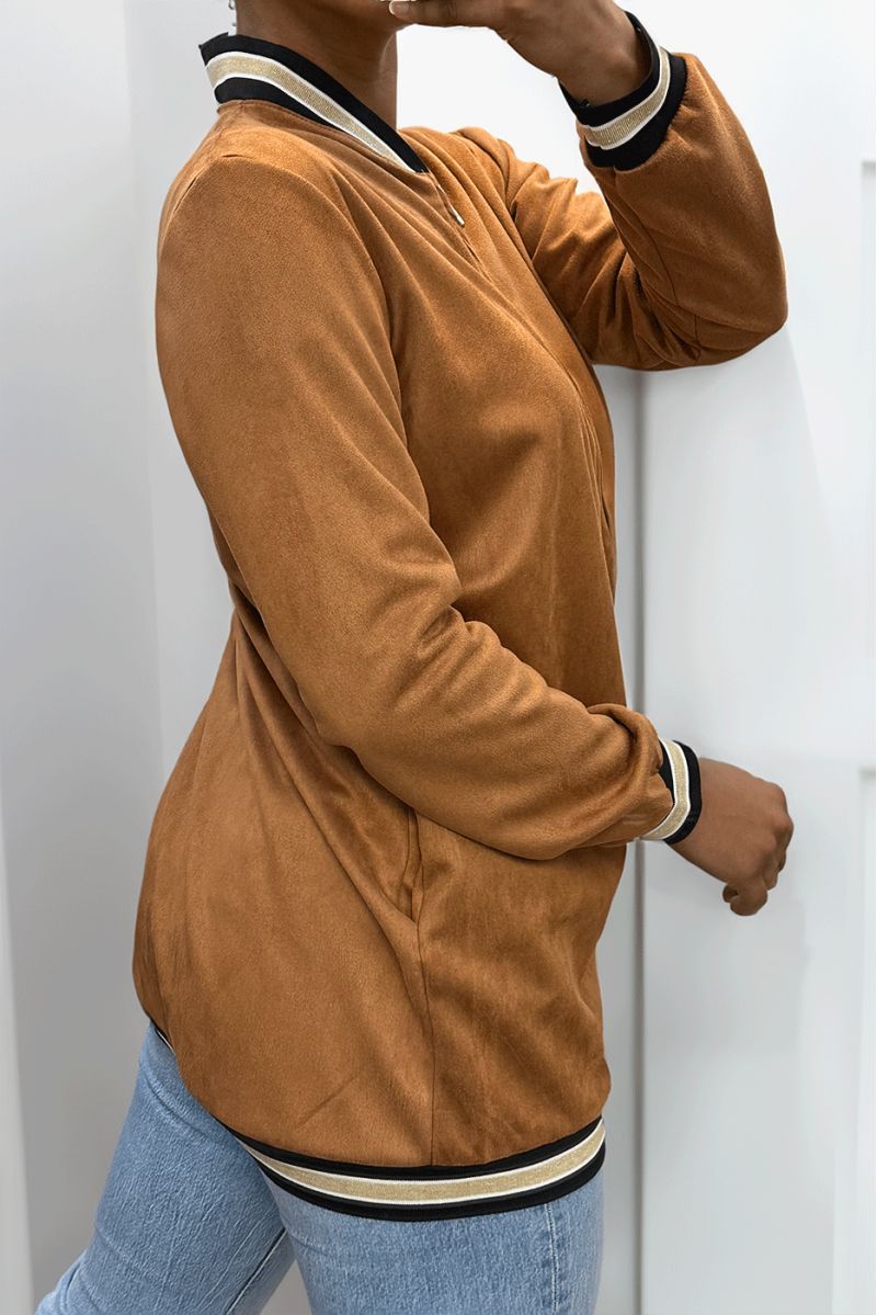 Cognac suede jacket with borcotte at the collar, sleeves and bottom - 4