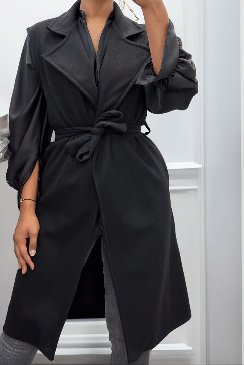 Long flowing black sleeveless trench coat with belt - 1