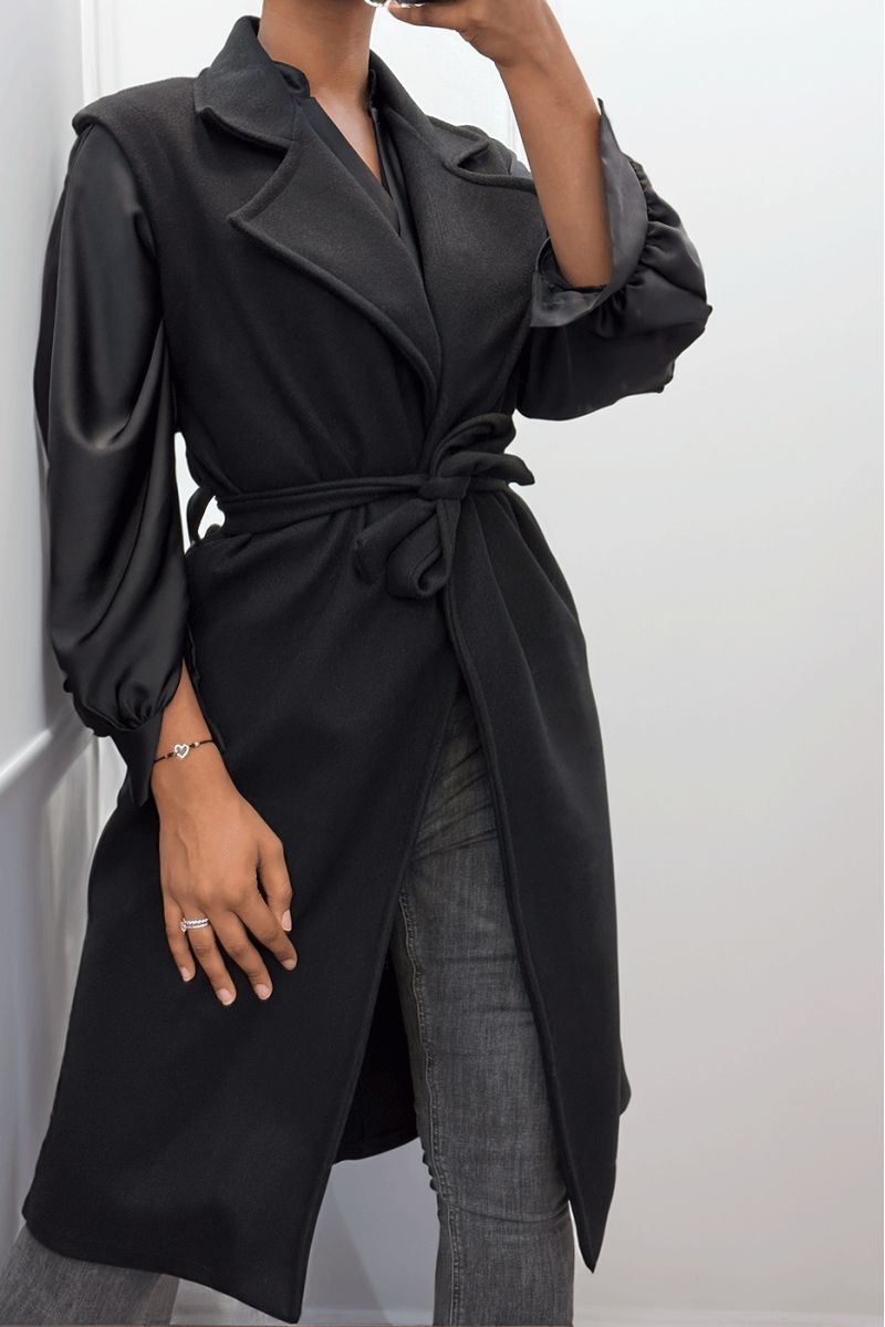 Long flowing black sleeveless trench coat with belt - 2