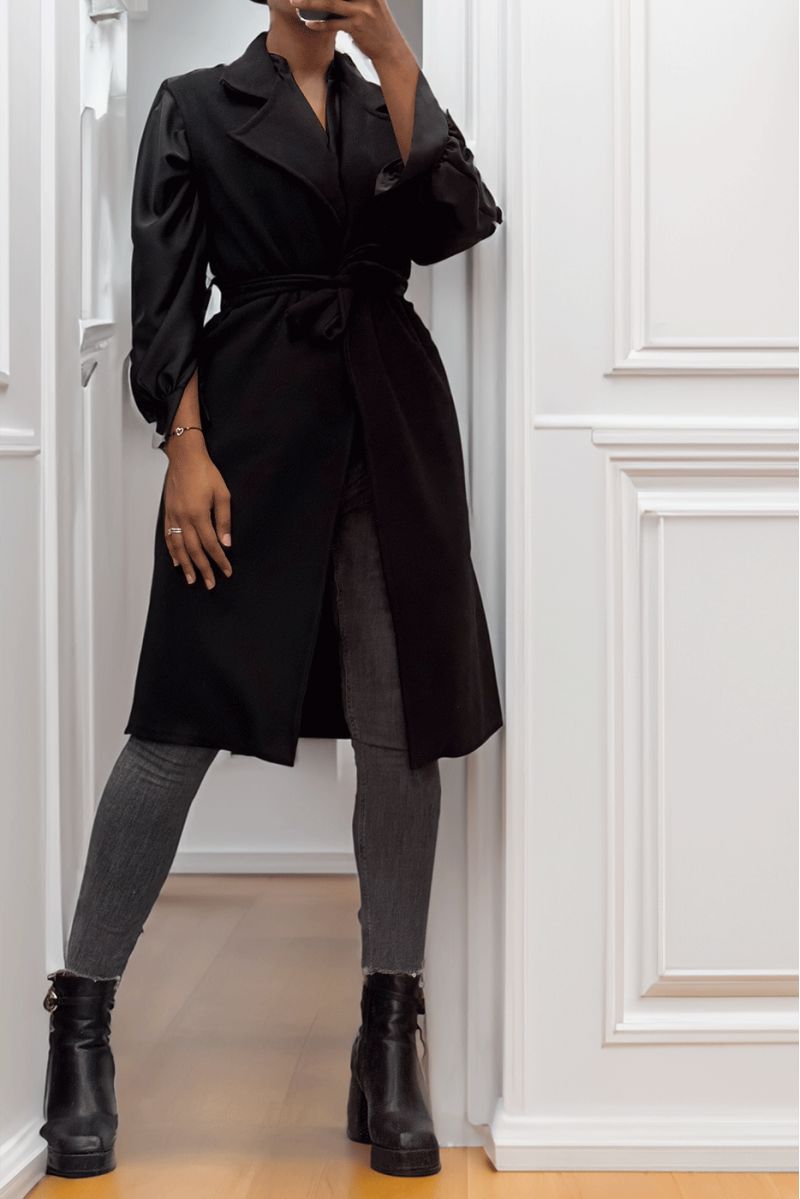 Lange soepelvallende zwarte mouwloze trenchcoat met riem - 3