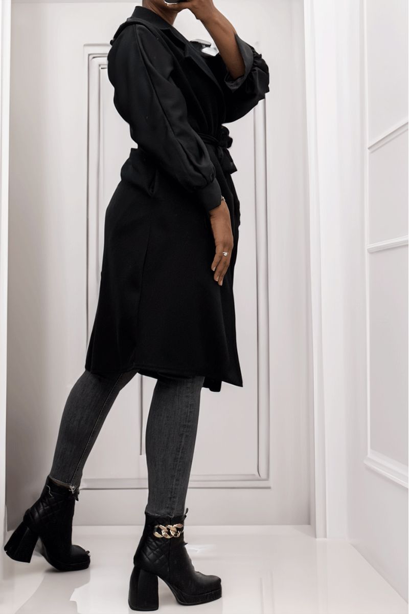 Long flowing black sleeveless trench coat with belt - 4