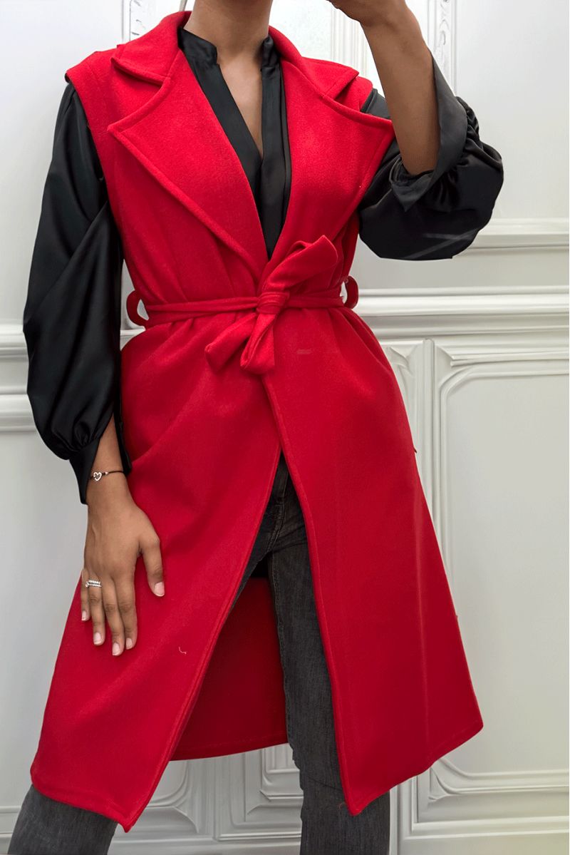 Lange soepele rode mouwloze trenchcoat met riem - 1