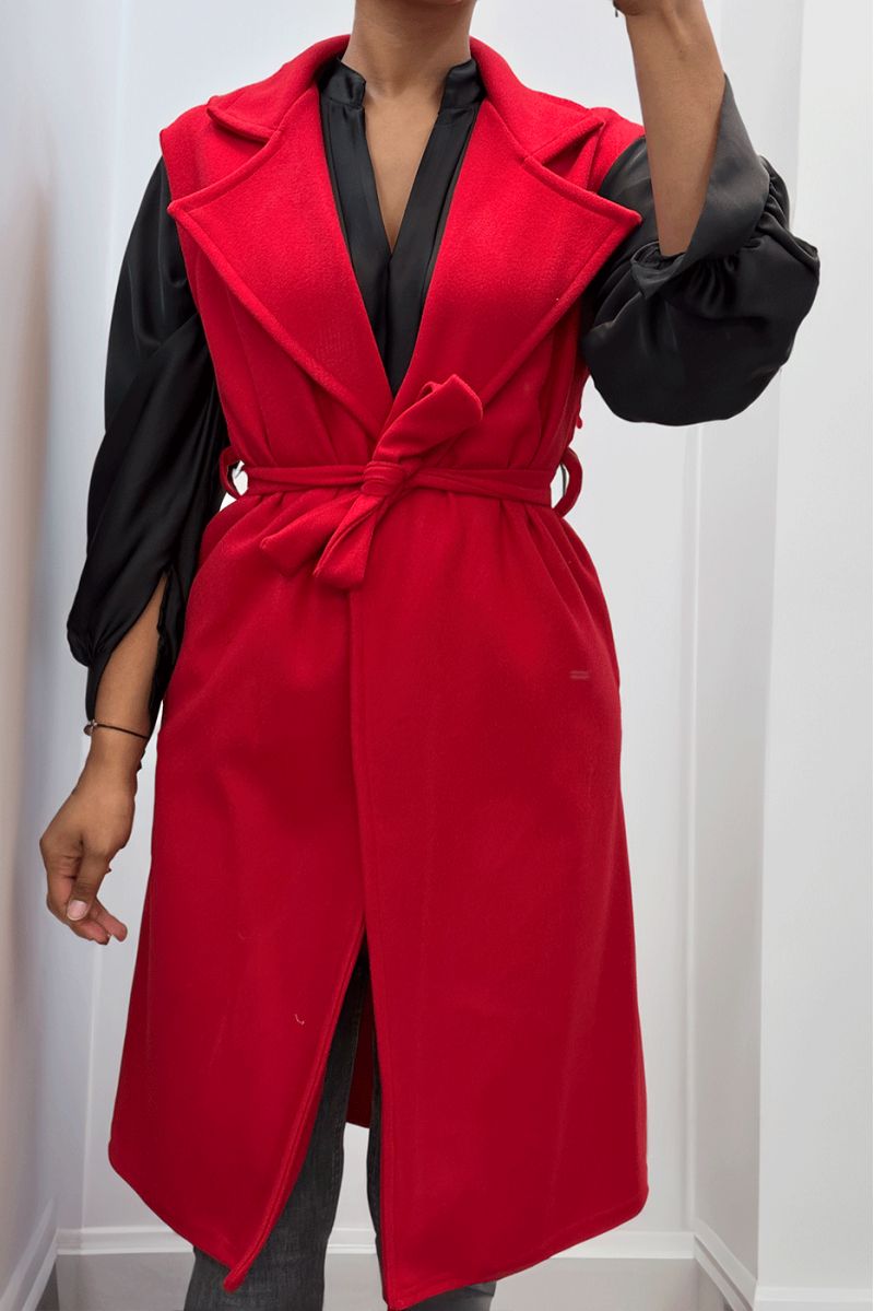 Lange soepele rode mouwloze trenchcoat met riem - 2