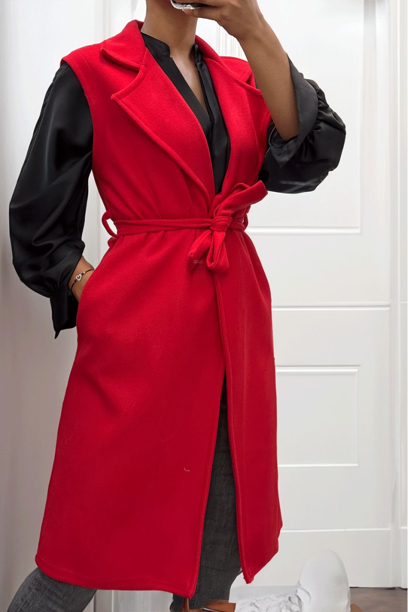 Lange soepele rode mouwloze trenchcoat met riem - 3