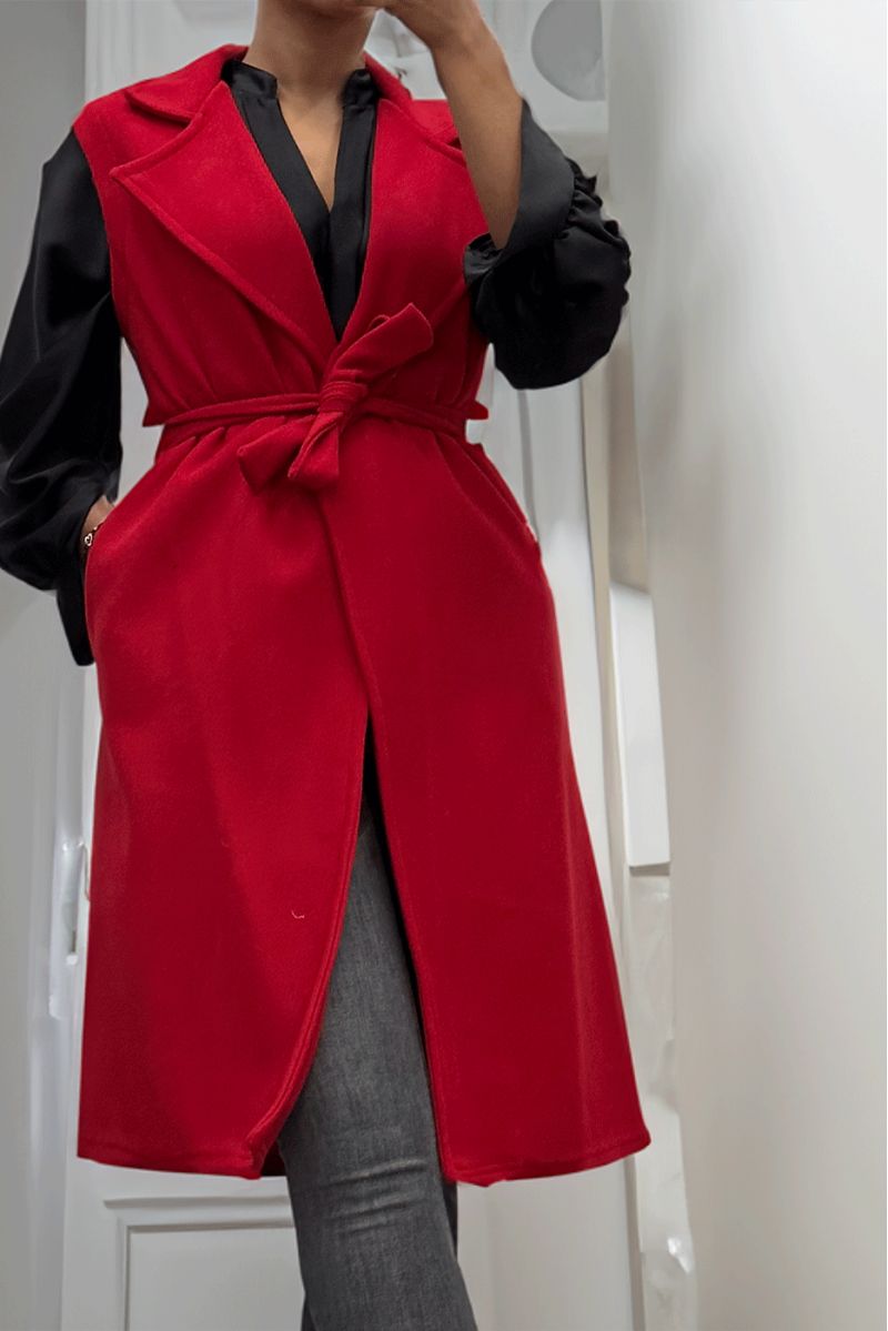 Lange soepele rode mouwloze trenchcoat met riem - 4