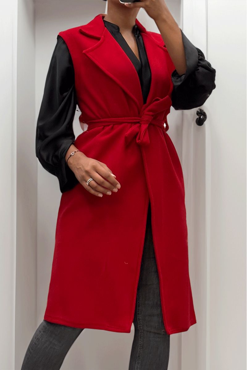 Lange soepele rode mouwloze trenchcoat met riem - 5