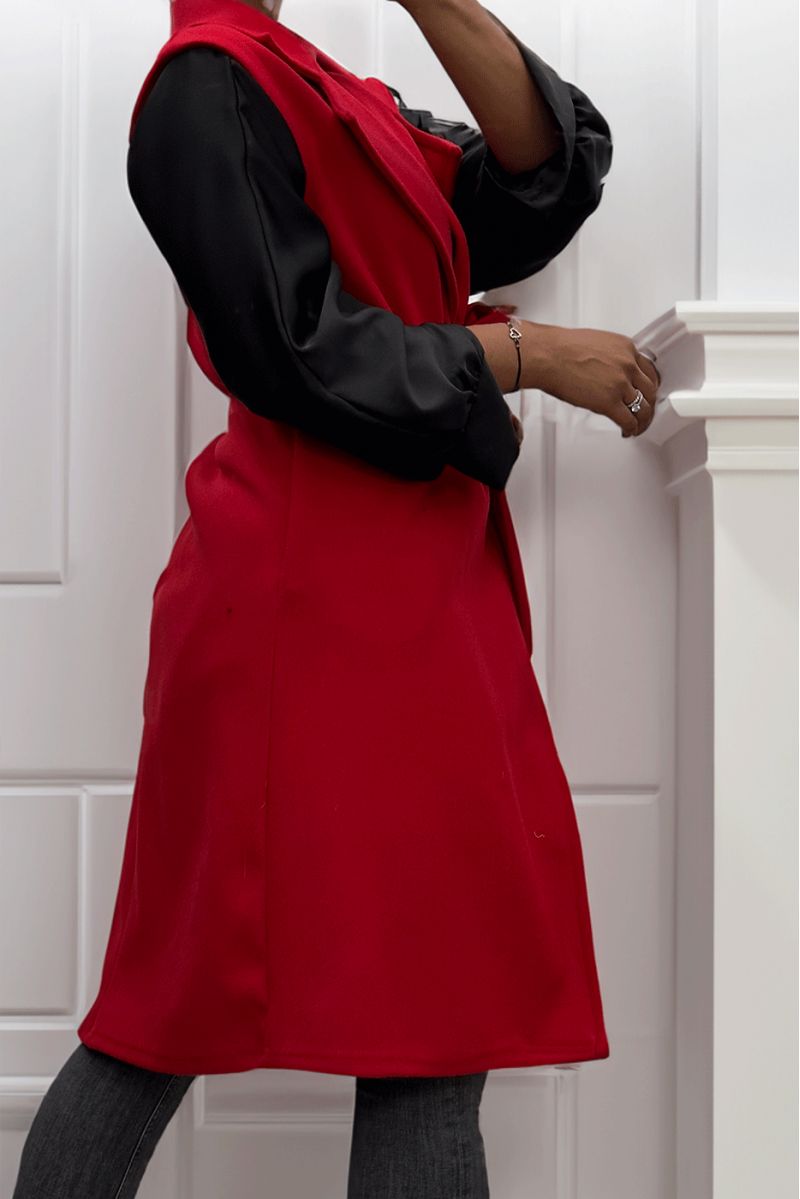 Lange soepele rode mouwloze trenchcoat met riem - 6