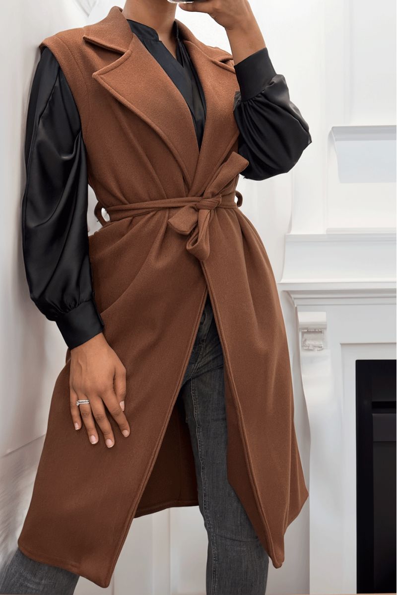 Lange soepele bruine mouwloze trenchcoat met riem - 2