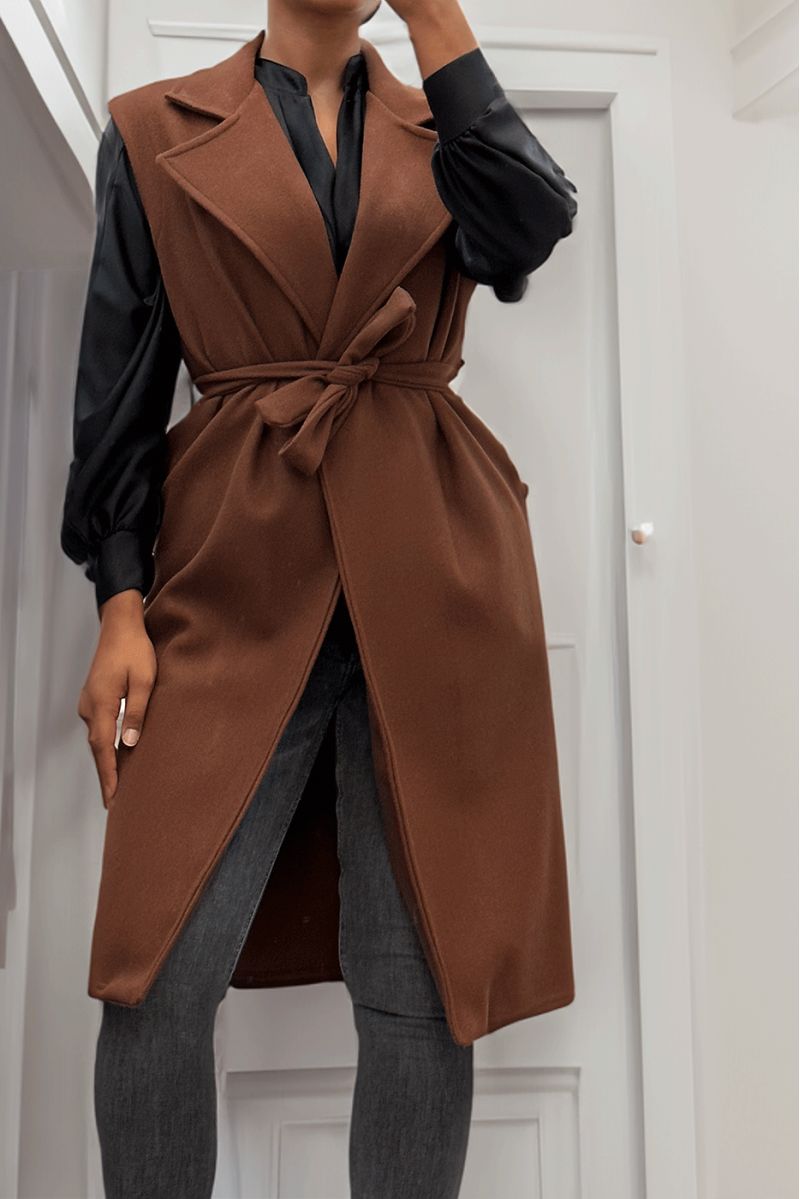 Lange soepele bruine mouwloze trenchcoat met riem - 5