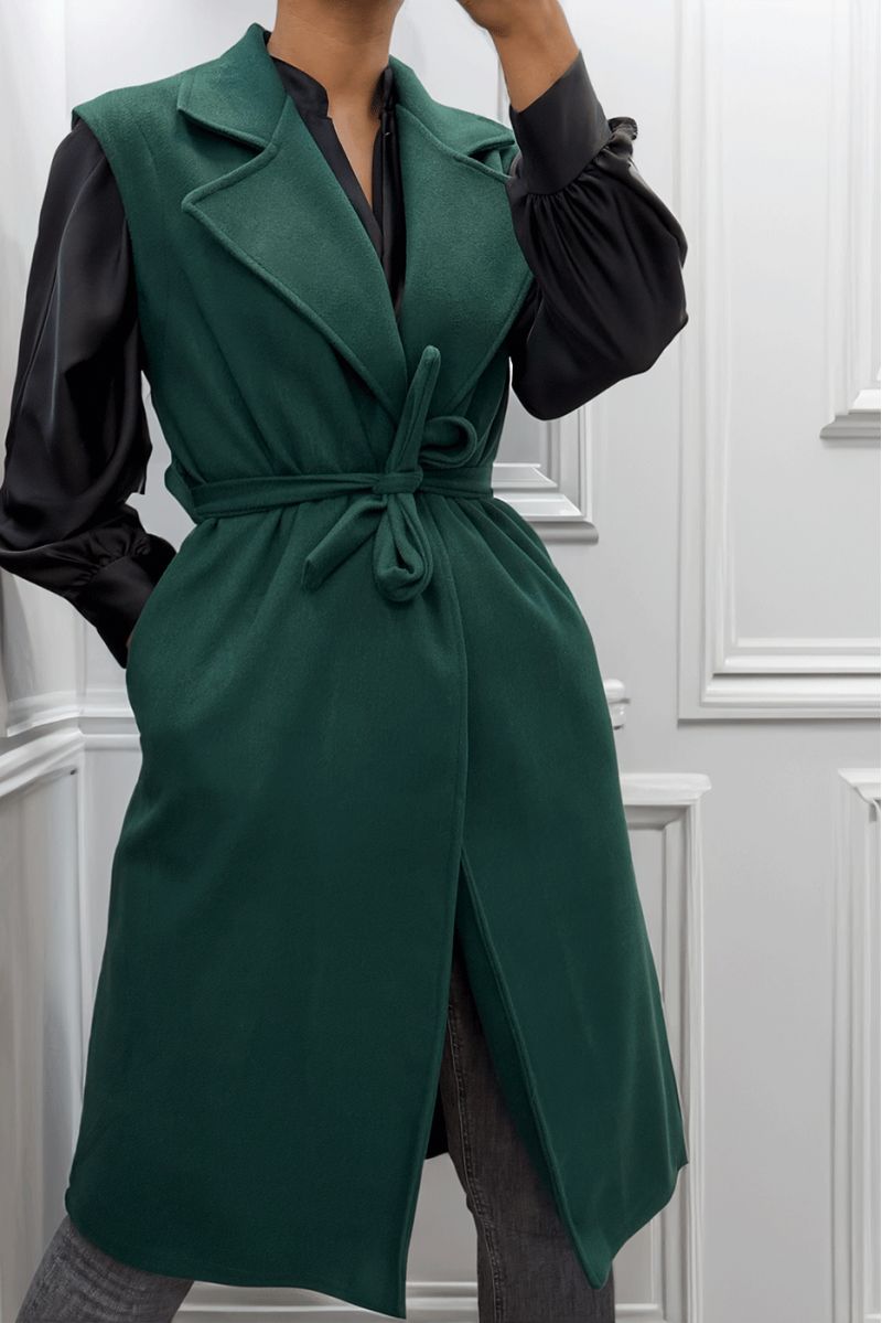 Lange soepele groene mouwloze trenchcoat met riem - 1