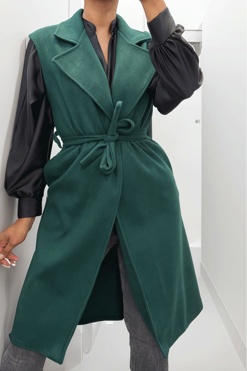 Long flowing green sleeveless trench coat with belt - 2