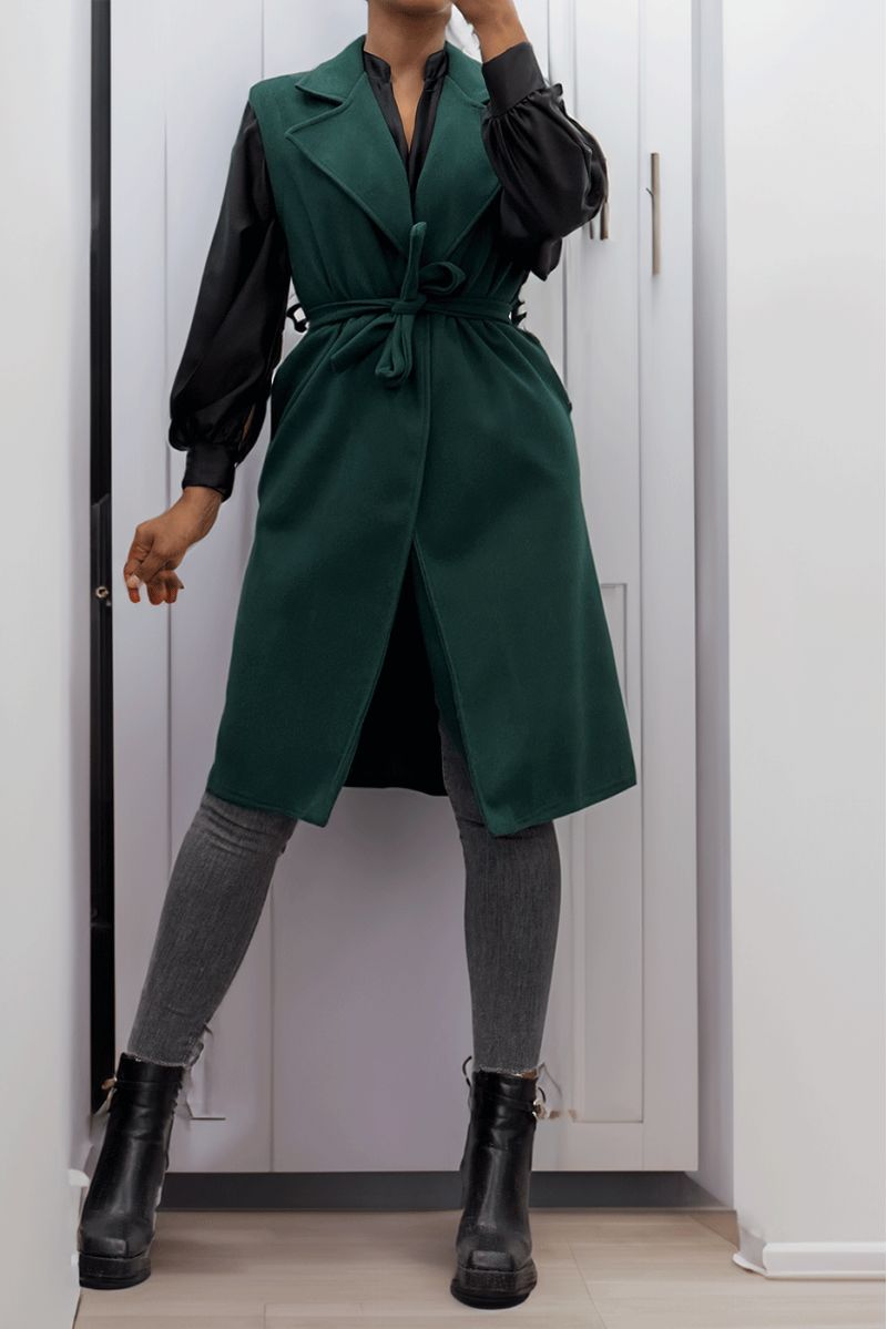 Long flowing green sleeveless trench coat with belt - 3