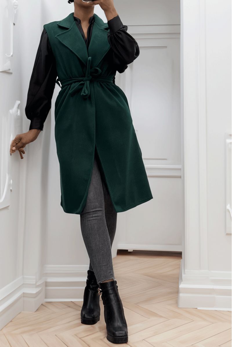 Long flowing green sleeveless trench coat with belt - 4