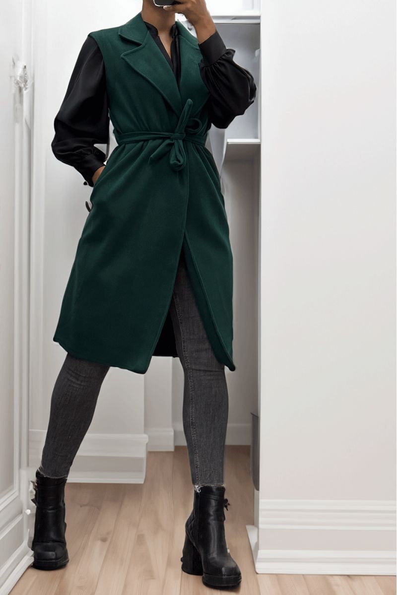Long flowing green sleeveless trench coat with belt - 5