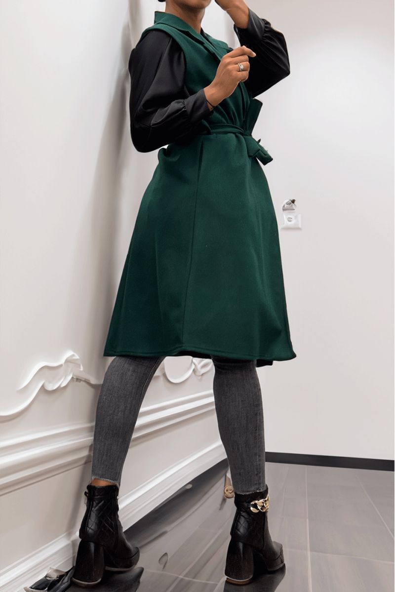 Long flowing green sleeveless trench coat with belt - 6
