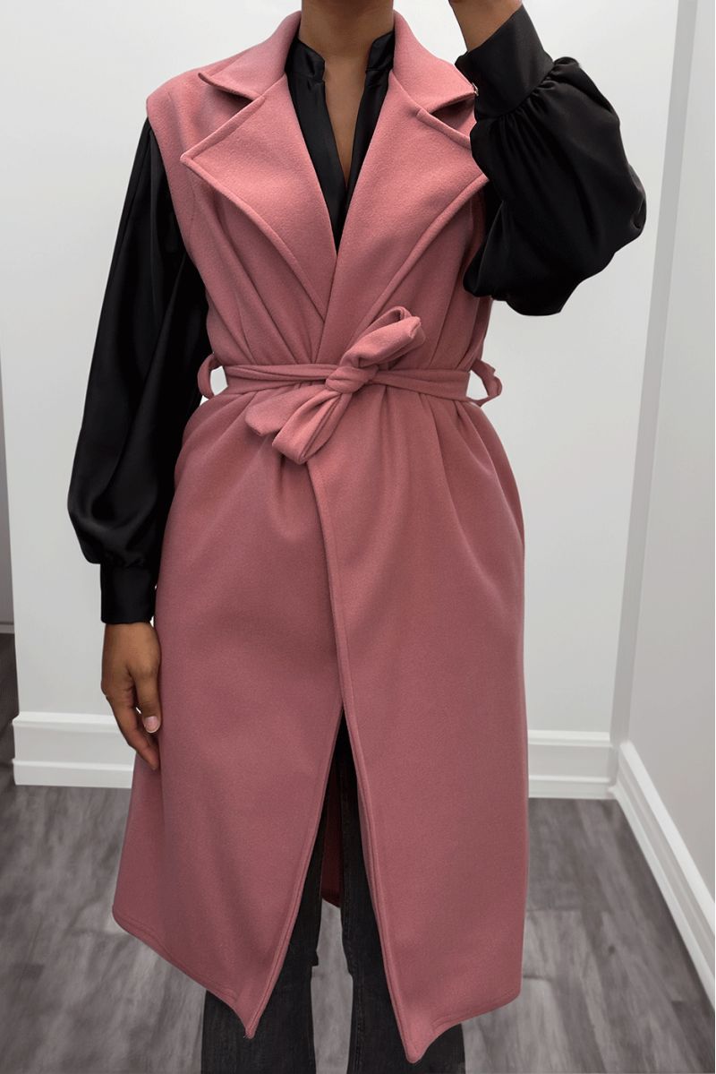 Trench long rose fluide sans manche avec ceinture - 1