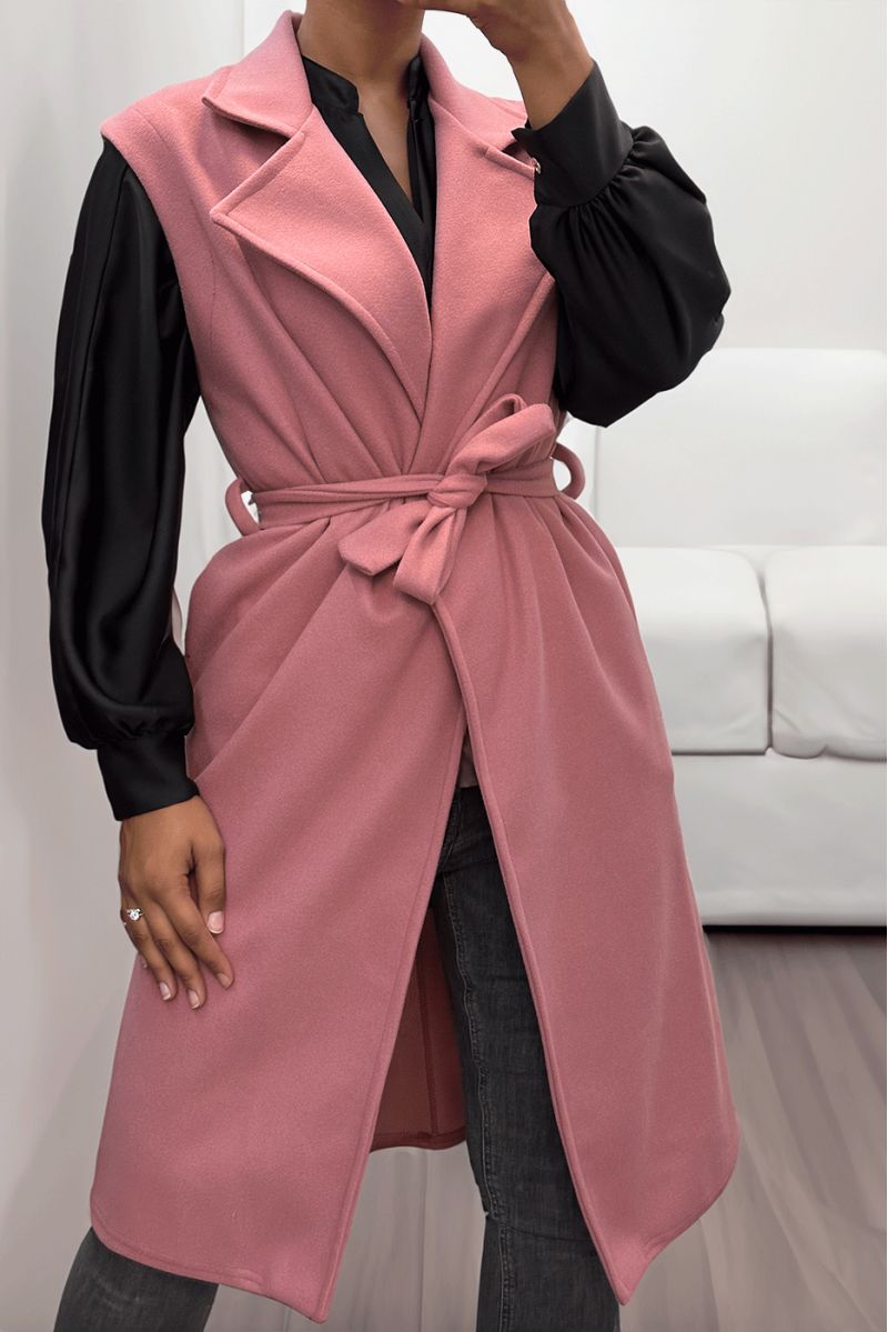 Trench long rose fluide sans manche avec ceinture - 2