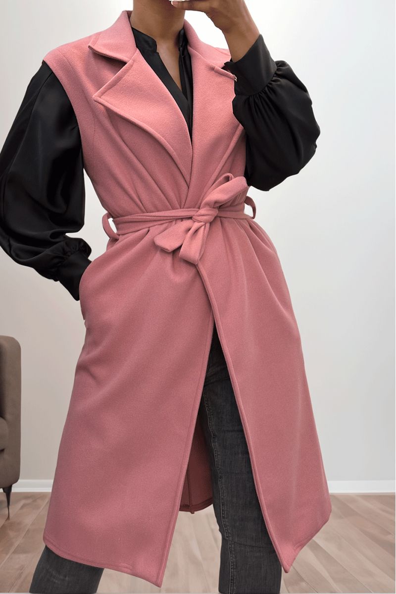 Trench long rose fluide sans manche avec ceinture - 3