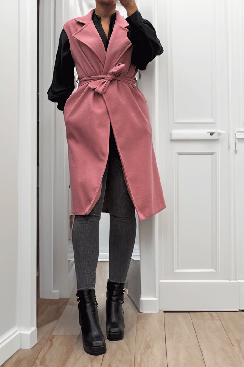Trench long rose fluide sans manche avec ceinture - 4