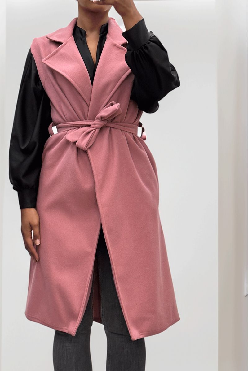 Trench long rose fluide sans manche avec ceinture - 5