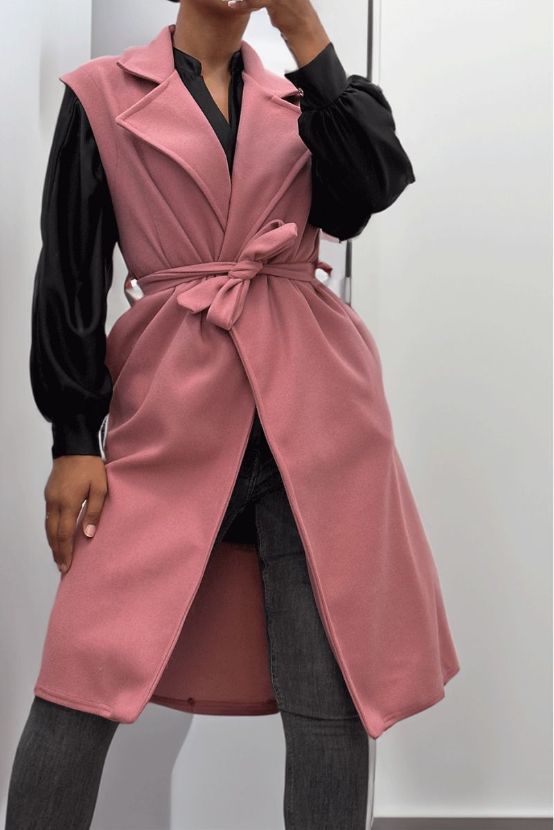 Trench long rose fluide sans manche avec ceinture - 6