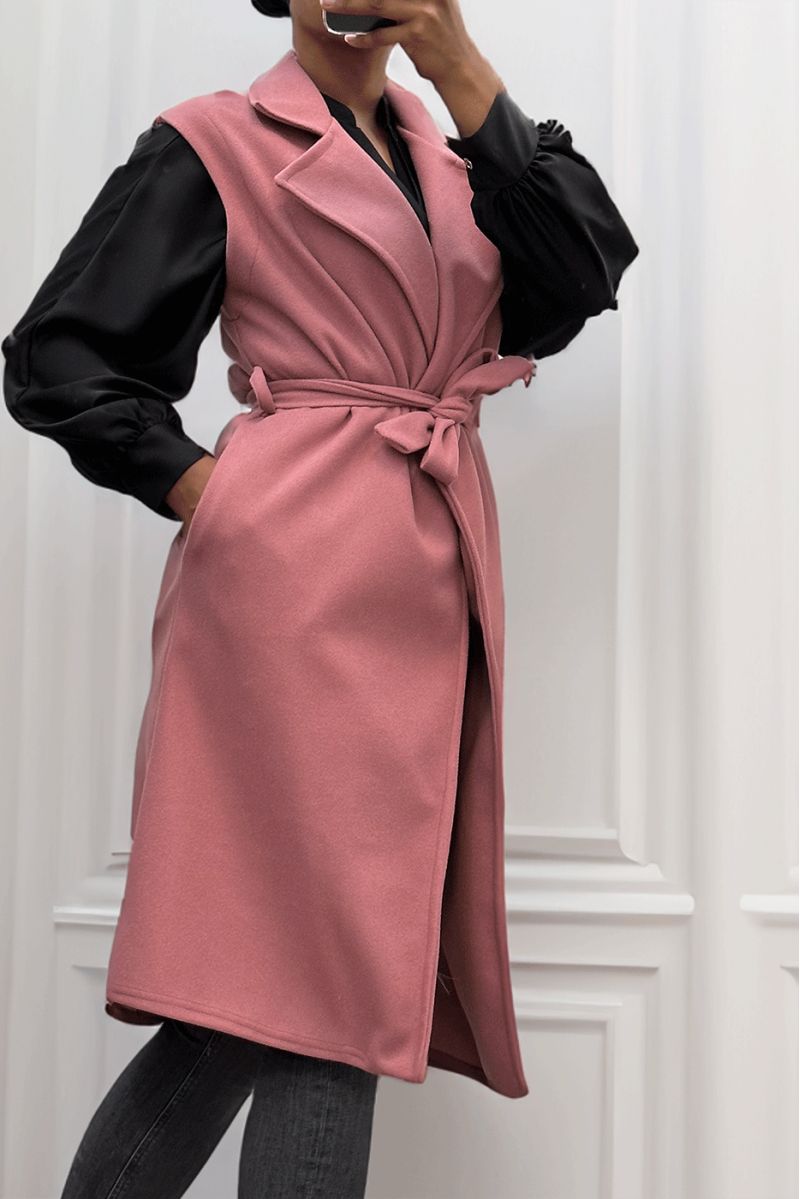 Trench long rose fluide sans manche avec ceinture - 7