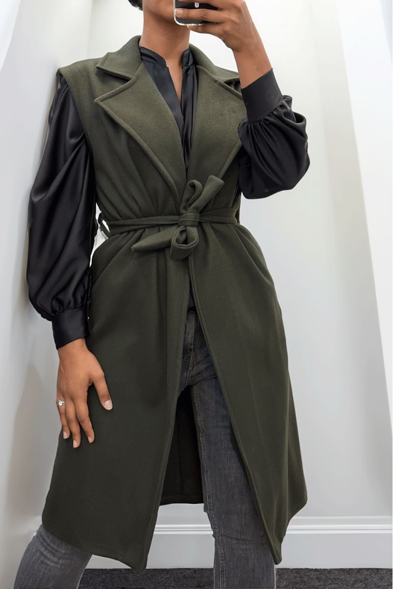 Long flowing khaki sleeveless trench coat with belt - 1