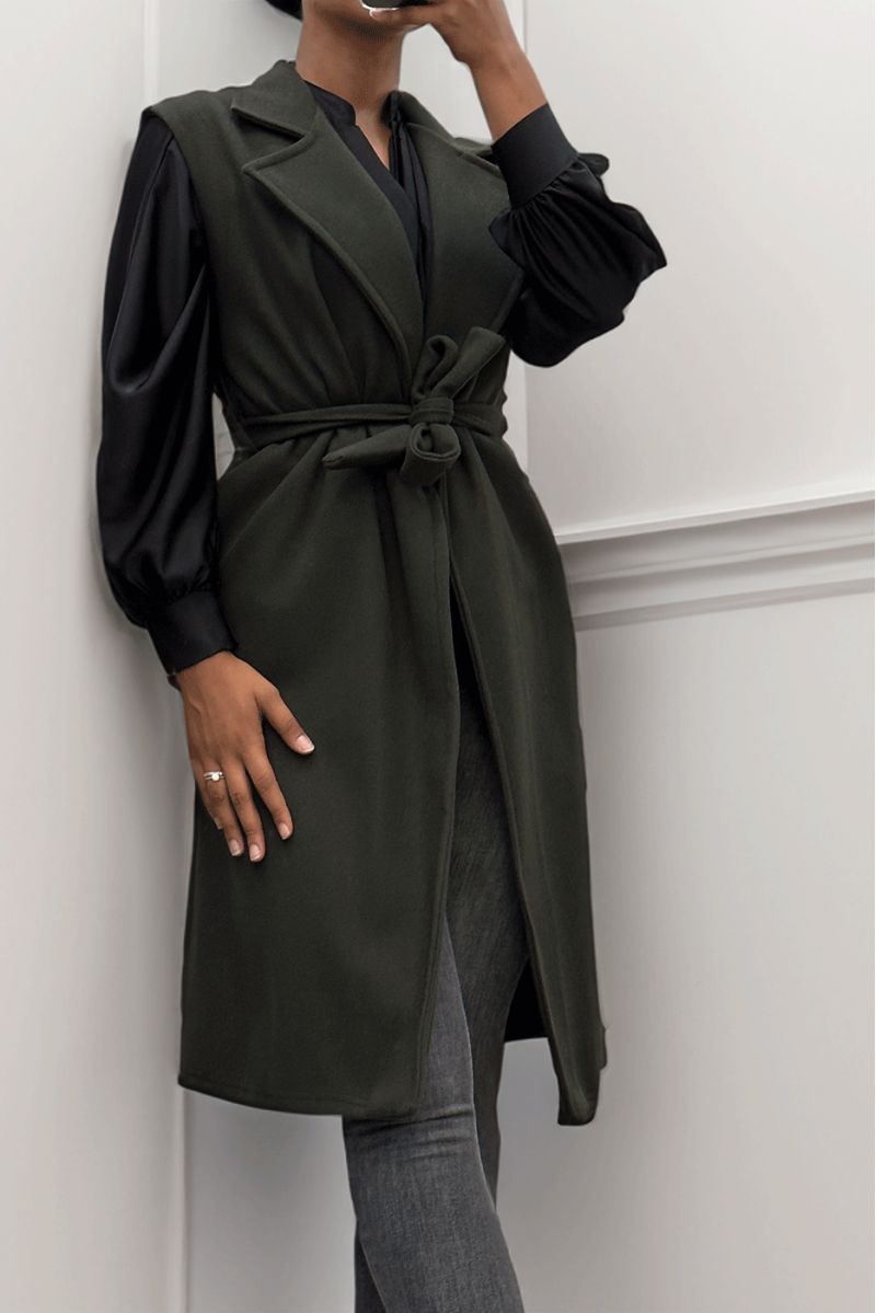 Lange, vloeiende kaki mouwloze trenchcoat met riem - 3