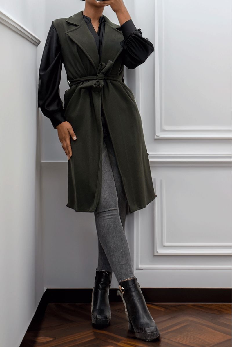 Long flowing khaki sleeveless trench coat with belt - 4
