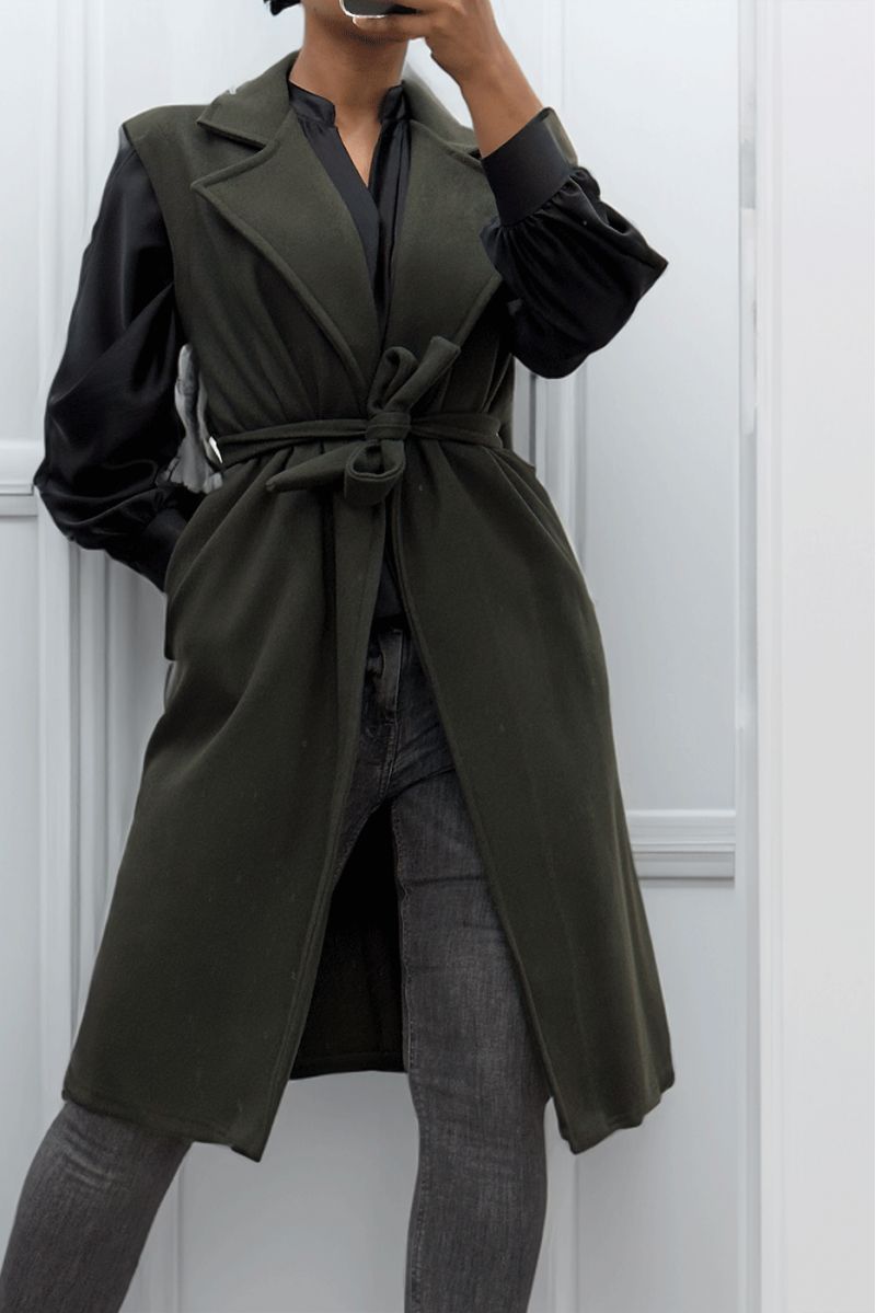 Long flowing khaki sleeveless trench coat with belt - 5