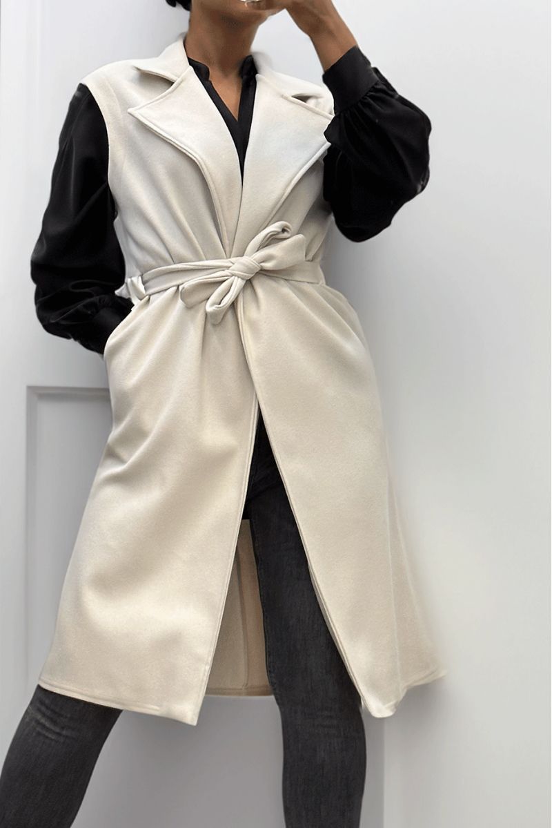 Long beige fluid sleeveless trench coat with belt - 4