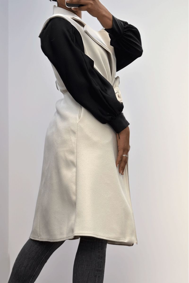 Long beige fluid sleeveless trench coat with belt - 5